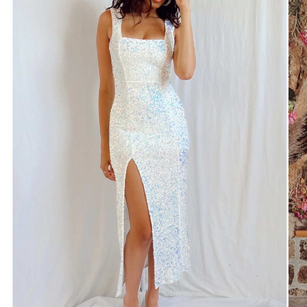 Show Me Your MuMu Iridescent White Sequin Midi Dress